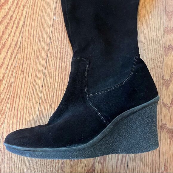 Clarks Dark Brown High Knee Suede Embroidered Wedge Rodeo Boots 8.5 - Picture 13 of 14